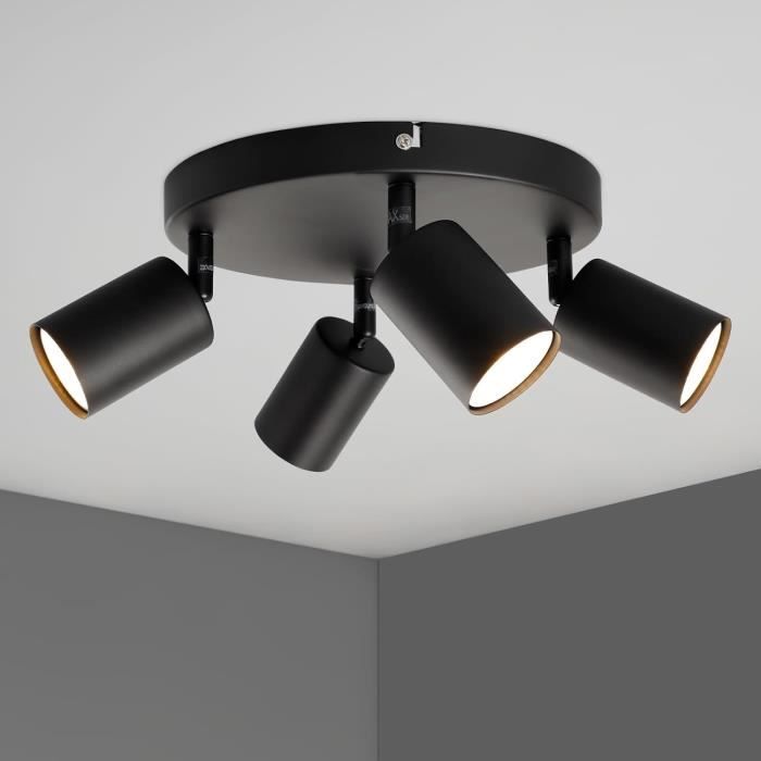 Plafonnier 4 Spots Orientables GU10 Noir - Ampoules 5W 3000K Incluses, Base LED, Inclinaison 90°, Pivot 350° - 5
