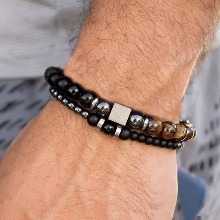Bracelet homme en Pierre Naturelle en acier inoxydable pour les Onyx en perles naturelles avec perles cadeau bijoux en boîte