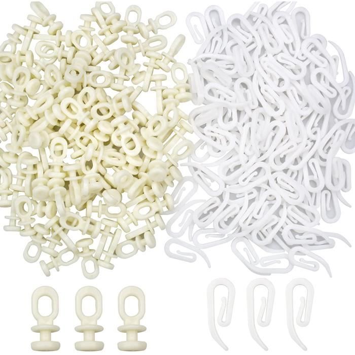 100 Pièces Crochets de Rideaux Plastique +100 Pcs Glisseur pour Rail Rideau les Rouleaux en