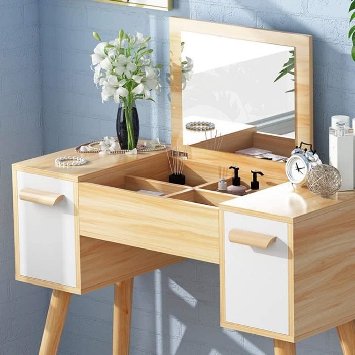 Coiffeuse 3 En 1 Vanity Avec Miroir Et Tiroirs - Blanche, LED Réglable, Table Chevet Et Tabouret Intégré