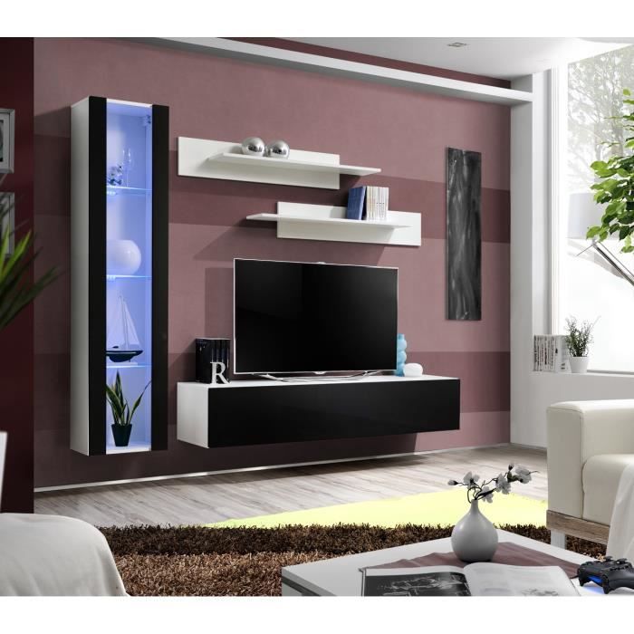 meuble tv mural suspendu fly g2 - price factory - blanc et noir brillant - 2 portes - led - 210x190x40 cm