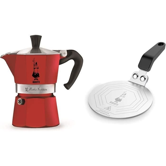 Bialetti 0004942 Cafetiere Italienne, Aluminium, Rouge, 3 Tasses & Assiette a Induction, Adaptateur pour lUsage de Cafetieres