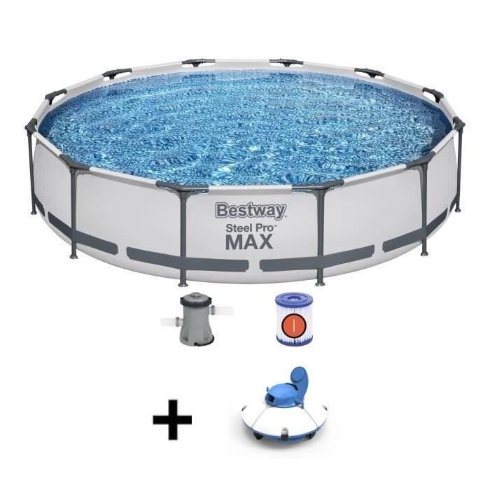 Kit Piscine hors sol tubulaire BESTWAY Steel Pro Max™ - 366 x 76 cm - Ronde + Robot aspirateur Guppy