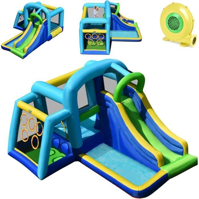 DREAMADE Château Gonflable Aire de Jeux Gonflable avec Gonfleur 680W, Aire d'escalade, Trampoline, Aire de Lancement, 90 KG Max