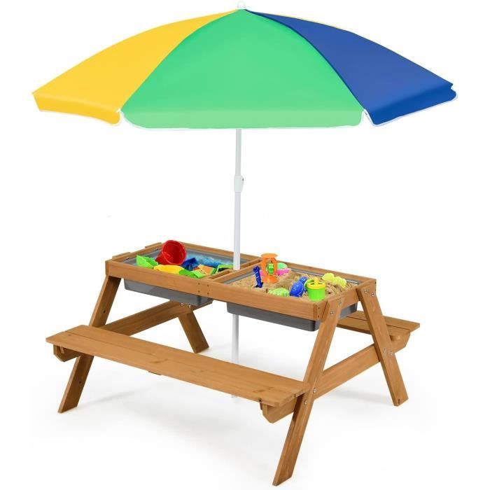 GOPLUS Table et Banc 3 en 1 pour Enfants avec Parasol,Table Convertible avec Plateau Amovible et 2 Boîtes de Rangement,Colore