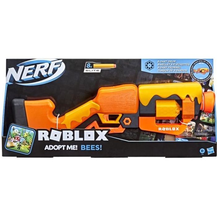 NERF - Roblox Adopt Me!: BEES! Blaster à fléchettes avec mécanisme à levier - 8 fléchettes - code pour le jeu