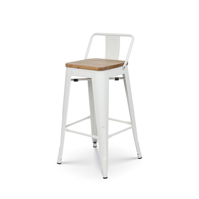 chaise de bar industrielle kosmi - modèle factory - métal blanc mat et bois naturel clair