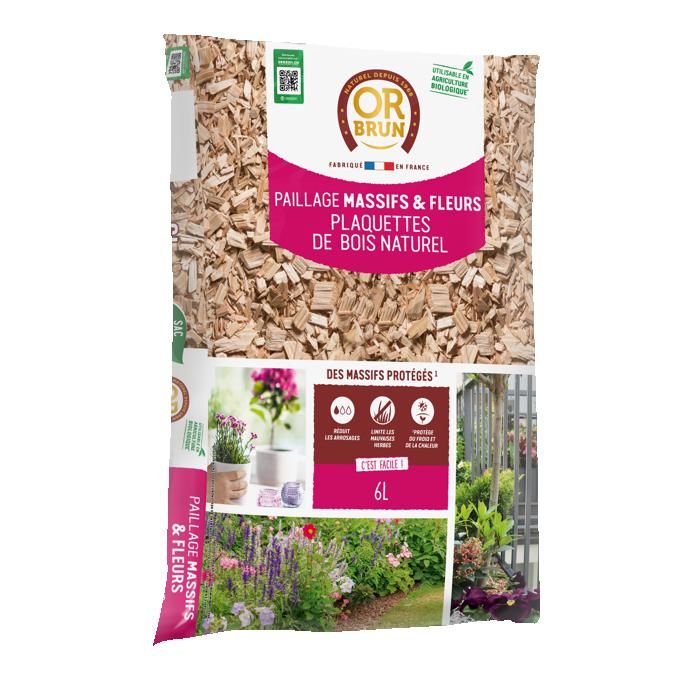 OR Brun Paillage - Copeaux naturels de bois clair - Pour massifs et fleurs - UAB - Sac de 6L