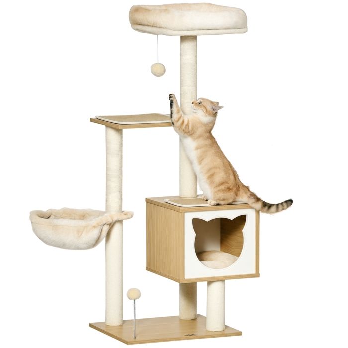 Arbre à chat - PawHut - griffoirs niche hamac panier coussins amovibles hauteur 126 cm - peluche courte sisal - beige
