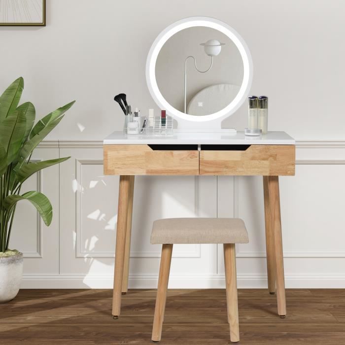 Coiffeuse LED table de maquillage avec tabouret miroir rond 2 tiroir bois  style moderne - Cdiscount Maison