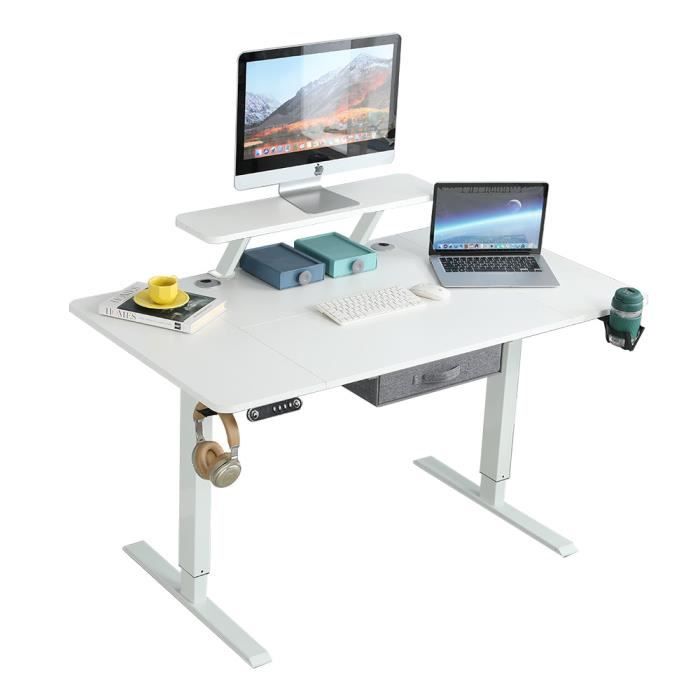 Radlove 160cm Bureau Assis Debout Droit Electrique Bureau Reglable en Hauteur avec Rangement&Etagere Vintage Bureau Gaming Blanc