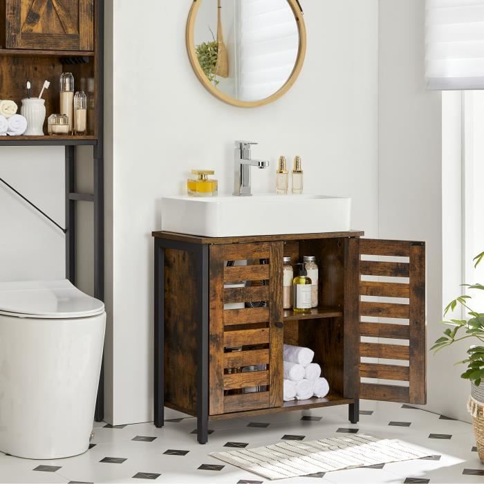 VASAGLE Meuble sous vasque Armoire Salle de Bain 60 x 30 x 60 cm Planche réglable Marron Rustique et Noir BBC902B01 VASAGLE Meuble sous vasque Armoire Salle de Bain 60 x 30 x 60 cm Planche réglable Marron Rustique et Noir BBC902B01