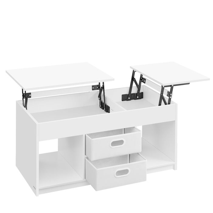 Table Basse Relevable avec 2 Tiroirs et Compartiments Cachés Compartiments Ouverts pour Salon Bureau à Domicile Blanc Neige
