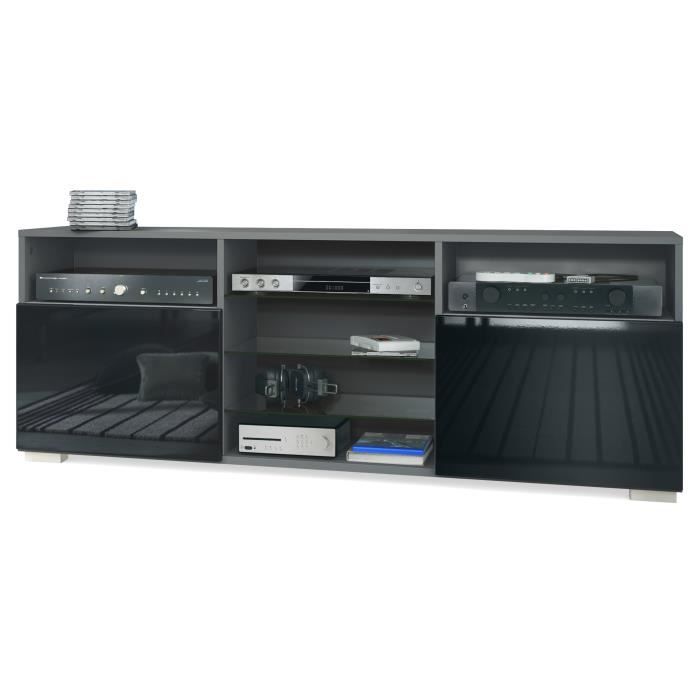 Meuble TV Granada Lowboard avec 2 portes et 6 compartiments ouverts corps anthracite mat façades en noir haute brillance Meuble TV Granada Lowboard avec 2 portes et 6 compartiments ouverts corps anthracite mat façades en noir haute brillance