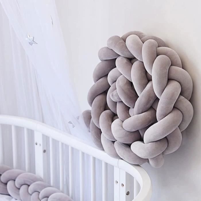 3M Tour de lit coussin Serpent Coussin Tressé pare-chocs Velours Tour de Canapé Souple 100% Fait à Main (Gris)