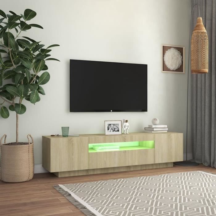 Meuble TV - ZERODIS - Chêne sonoma - 160x35x40 cm - Lumières LED RVB - Montage requis