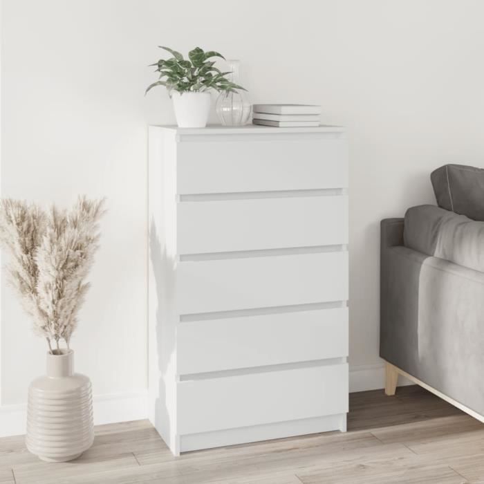 Commode - ZERODIS - HB012 - Bois dingénierie - 5 tiroirs - Blanc 60x36x103 cm