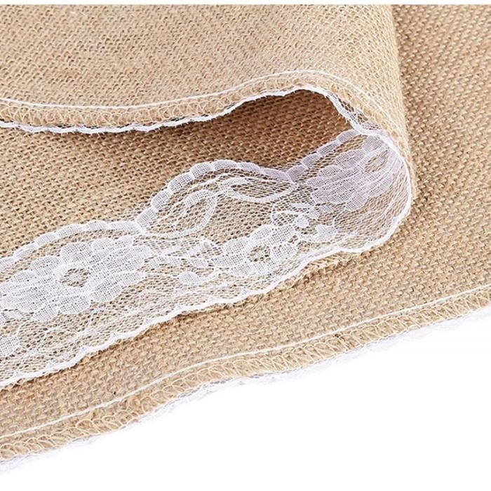 Chemin de table en toile de jute et dentelle florale Chemin de table en toile de jute et dentelle florale