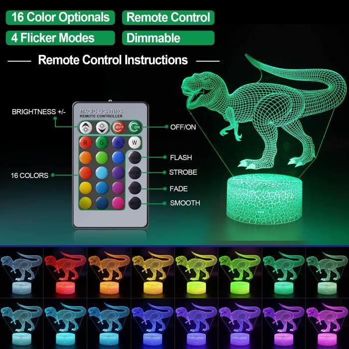 DINOSAURE 3D LED Veilleuses Télécommande et Contrôle Tactile 16