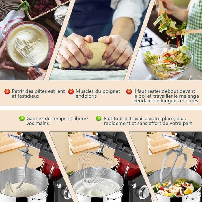 Homlee Robot Pâtissier Multifonctions 1800W Robot de Cuisine 6,5 L ...