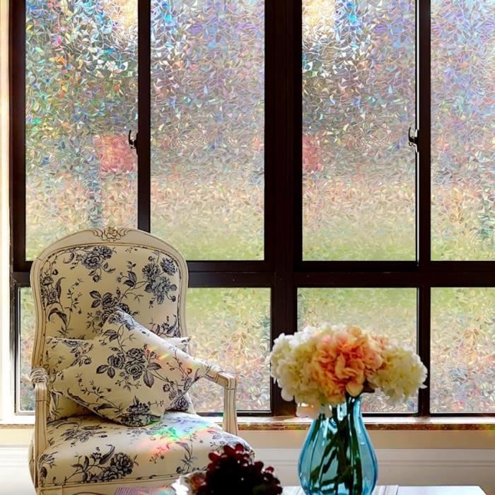 Qualsen Film Fenêtre Anti Regard 3D Effet Arc-en-Ciel 60x200cm, Motif Floral Film Occultant Fenêtre Décoratif Brise Vue Fenêtre Anti UV Electrostatique Vitrail Films pour Vitre pour Maison, Bureau