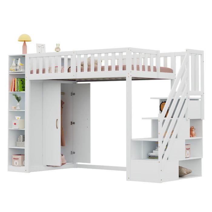 Lit mezzanine enfant 90 x 200 cm avec bureau intégré, étagères et