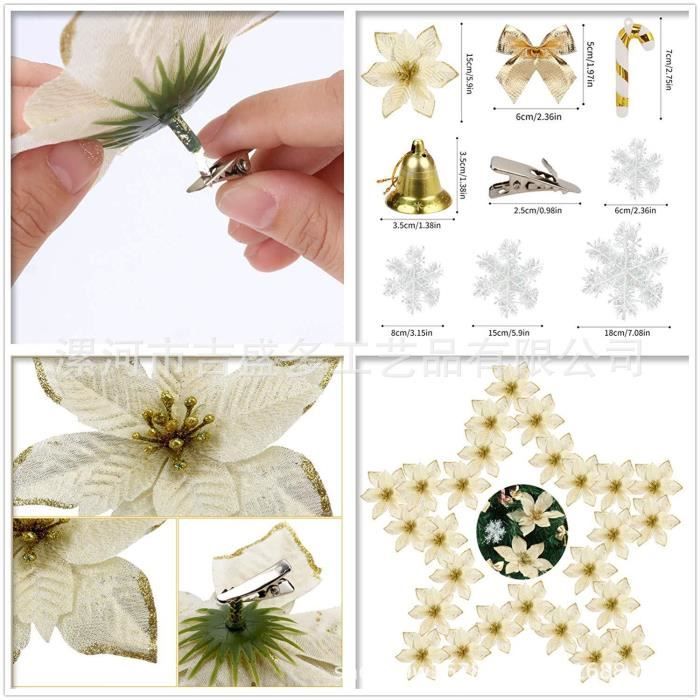 Lot 58pcs Fleurs De Noël Poinsettia Scintillantes Avec Tiges De Baies Et Noeuds à Paillettes - Décoration Magique Pour Sapin De Noël
