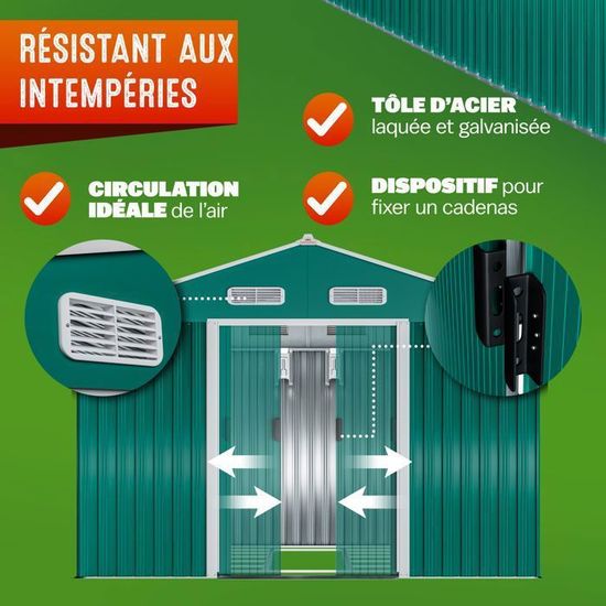 Abri de jardin en métal vert 14,65m³ Cabane rangement vélos outils bricolage 