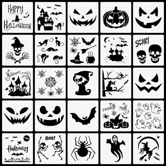 Pochoirs Halloween 6 Modèles - 25x25 Cm, Plastique PET Réutilisable, Pour Peinture Mur, Bois, Toile, Déco Fête