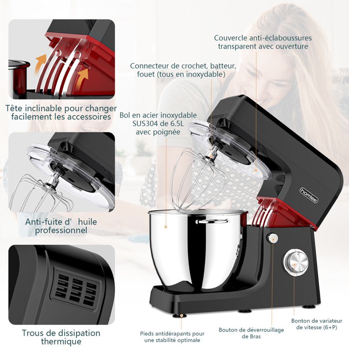 Homlee Robot Pâtissier Multifonctions 1800W Robot de Cuisine 6,5 L ...