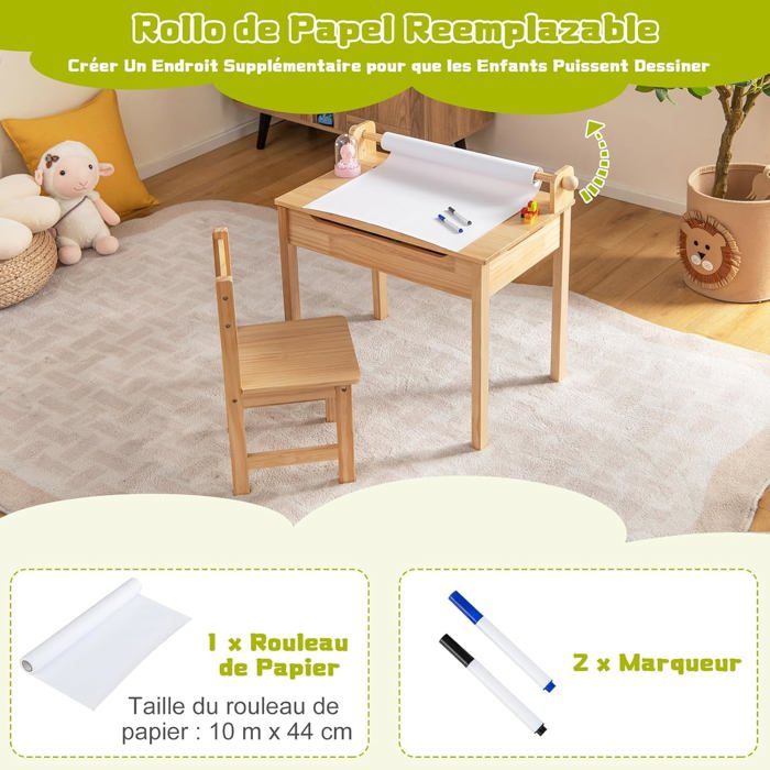 GOPLUS Table Enfant avec 2 Chaises, Table a Dessin avec Plateau Relevable, 6 Tiroirs, 6 Pots de Peinture et 1 Rouleau de Papier, Bureau Enfant pour Salle de Jeux et Crèche GOPLUS Table Enfant avec 2 Chaises, Table a Dessin avec Plateau Relevable, 6 Tiroirs, 6 Pots de Peinture et 1 Rouleau de Papier, Bureau Enfant pour Salle de Jeux et Crèche