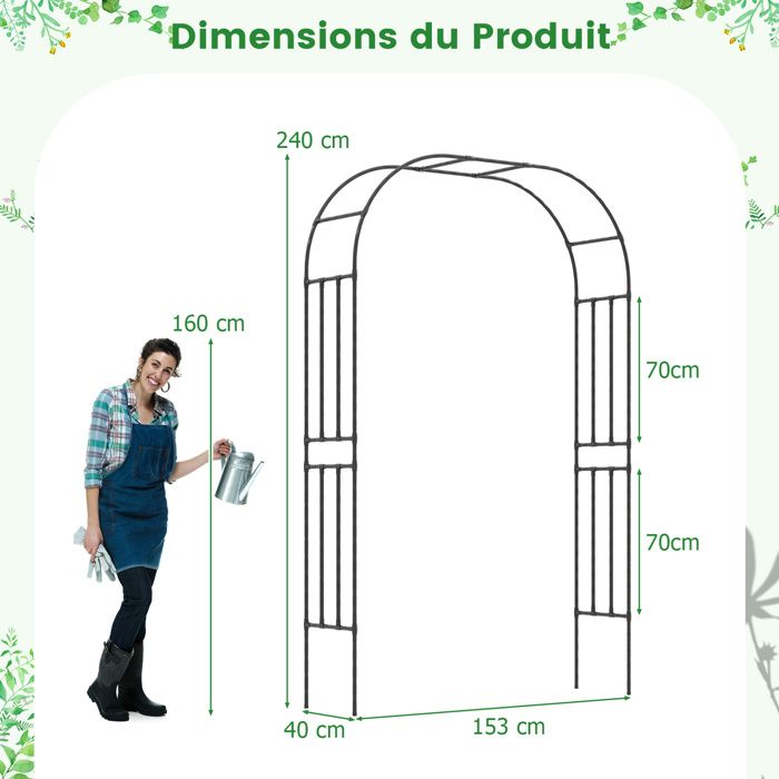 COSTWAY Arche De Jardin 220 Cm Élégante Avec 2 Jardinières Et Treillis - Pergola Extérieure Portail Verrouillable Pour Plantes Grimpantes Et Décoration Mariage
