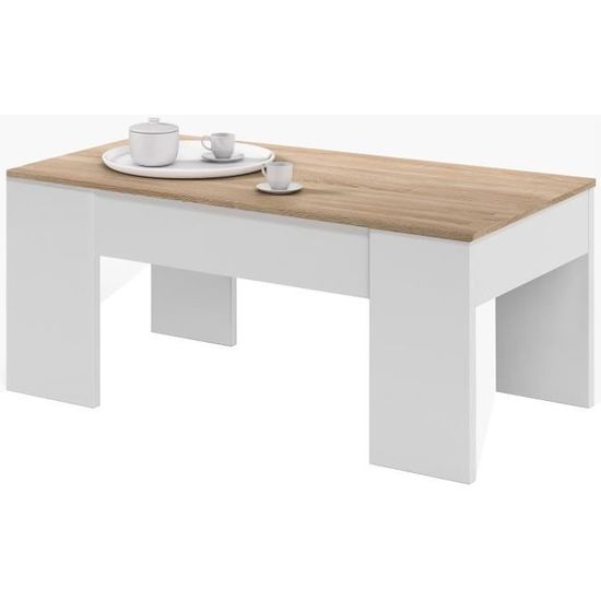 Table basse relevable style contemporain blanc artik et décor chêne canadien - L 100 x l 50 cm