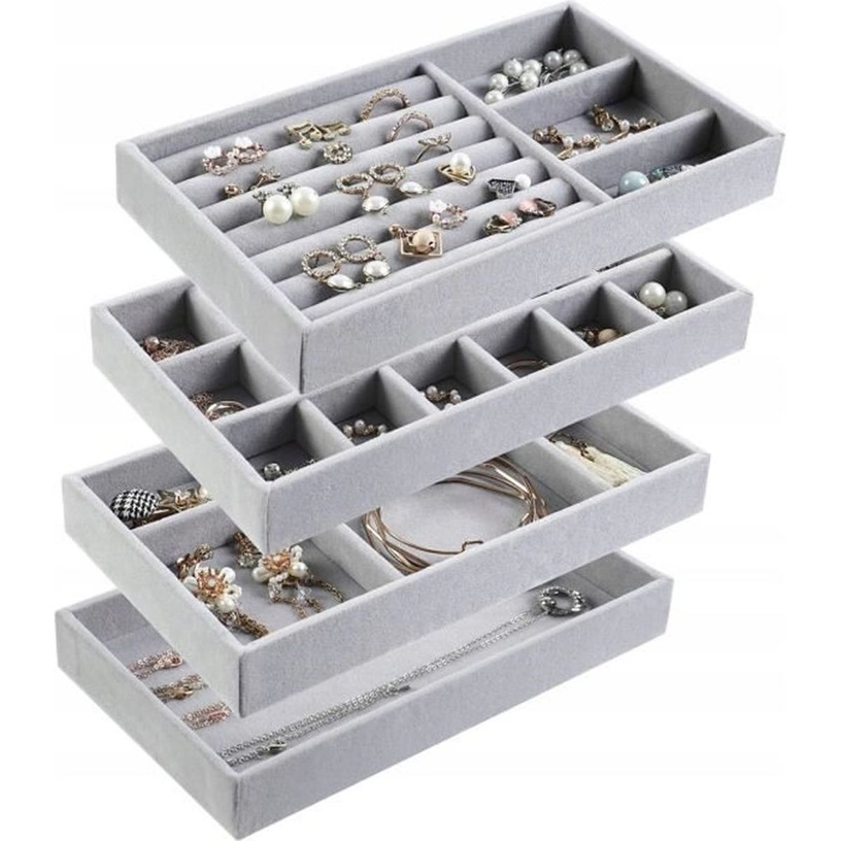 Plateau Velours 7 Emplacements Bijoux - Pour Bagues, Boucles D'oreilles, Clous - Design Empilable - 22,6x14,1x3 Cm - 9