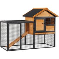 Clapier cage à lapins cottage - niche supérieure avec rampe, enclos extérieur - plateau excrément, fenêtre, 2 portes verrouillables