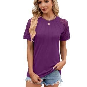 T-SHIRT T-Shirt Femme Dentelle Manches Courtes Casual Tee Shirt Lache Ete Col Rond Couleur Unie Confortable - Taille EU - Violet