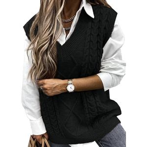 GILET - CARDIGAN Gilet en tricot pour femmes, pull en tricot sans manches, chemise en tricot à col en V de style universitaire Noir