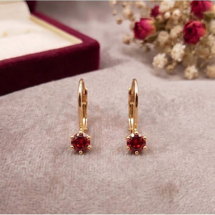 Boucles dOreilles - Dormeuses - Solitaires - Zircon - Rouge - Plaqué Or Jaune 750/1000 - Femme/Enfant