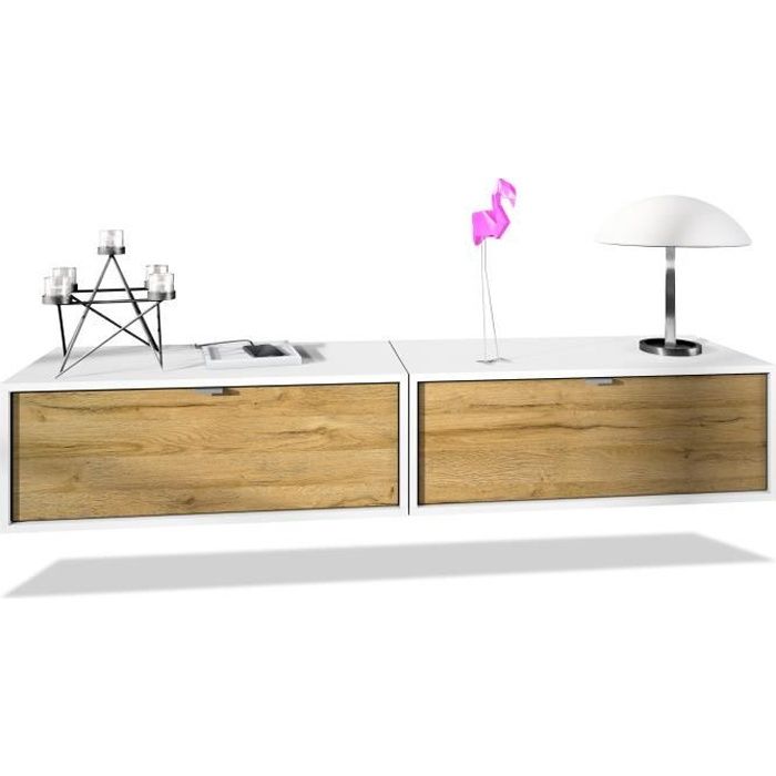Ensemble de 2 set meuble TV Lana 80 armoire murale lowboard 80 x 29 x 37 cm, caisson en blanc mat, façades en Chêne Nature