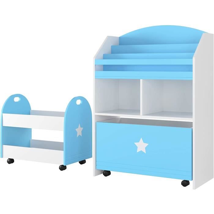 Ensemble de bibliothèque pour enfants Unité de rangement pour jouets avec tiroirs Bibliothèque à 3 niveaux Bleu