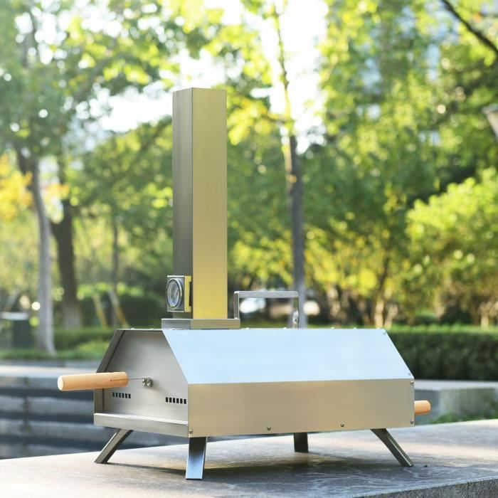 Four à Pizza Jardin Inoxydable Machine Pizza aux Granulés de Bois Pied Pliable+ Pierre Réfractaire+ Thermomètre, 33x46x66cm, Argent