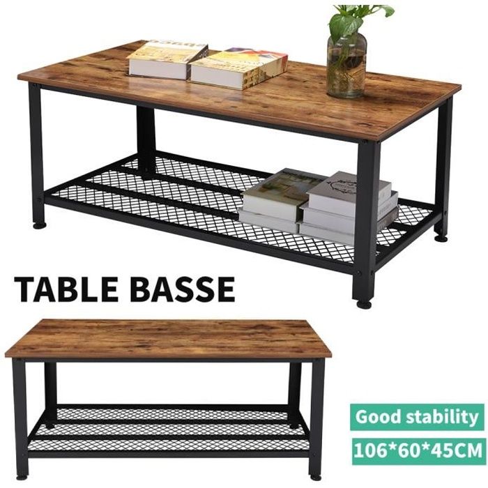 Table basse - Armature en métal - Industriel - 2 étagère Table basse design industriel bois et métal noir HB010