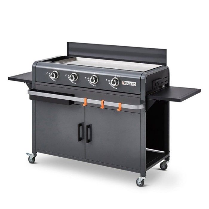 Plancha Lola à gaz sur chariot équipé Gun Metal - BRASERO - 4 brûleurs - Surface de cuisson 88 x 35,5 cm null Gris Métallisé
