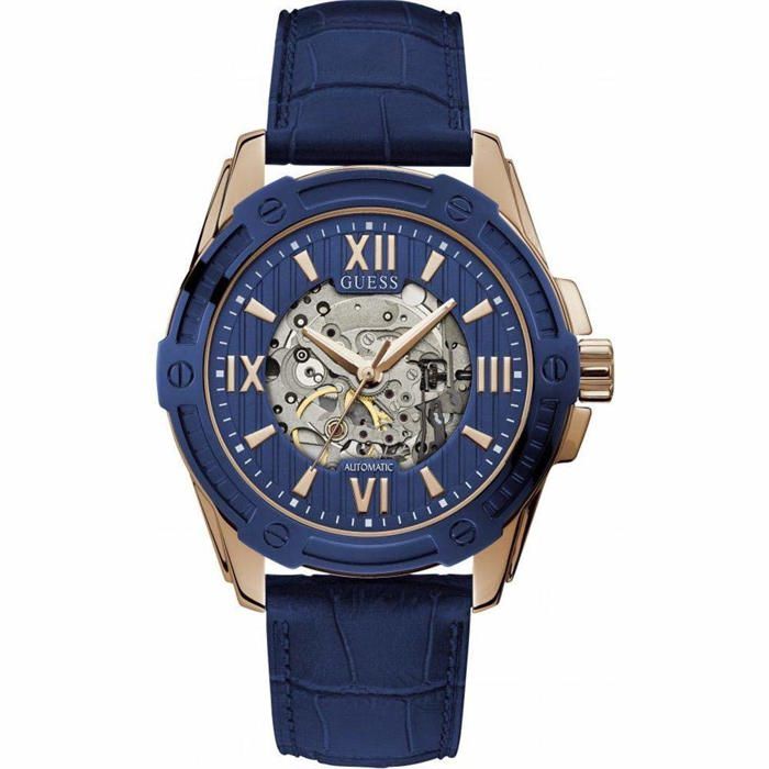 GUESS Homme 45mm Bracelet Cuir Bleu Automatique Analogique Montre W1308G3