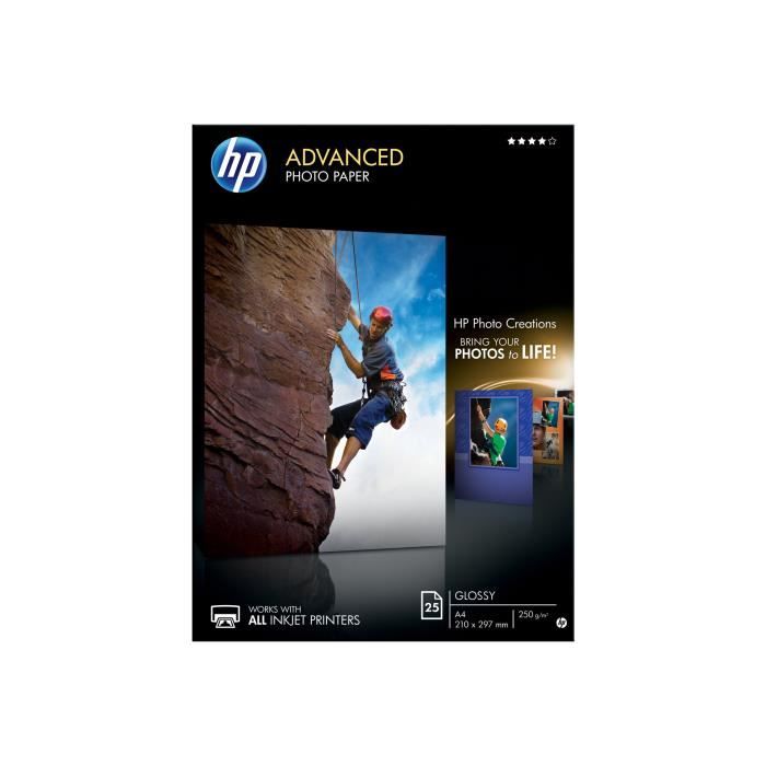 HP Advanced Glossy Photo Paper Brillant A4 (210 x 297 mm) 250 g-m² 25 feuille(s) papier photo pour Envy 45XX, 55XX, 76XX, Photo…
