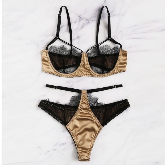 Soutien-gorge sexy Culottes Soutien-gorge Push Up Stain soie Lingerie Set Sous-vêtements pour les femmes Jaune