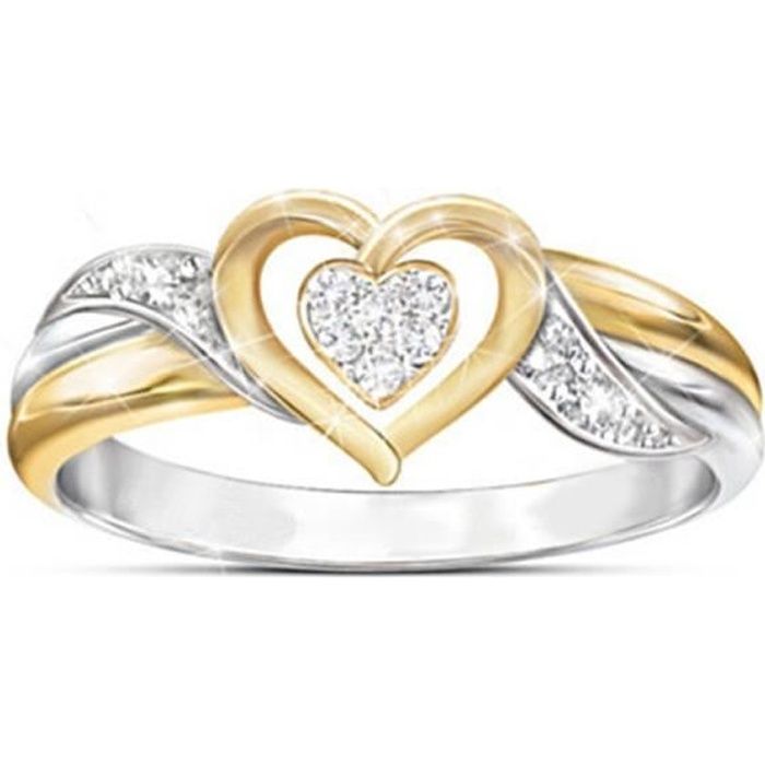 Bague en Strass Coeur Anneau Ajouré Double Couleur Élégant de Fiançaille Bijoux Cadeau Fille Femme