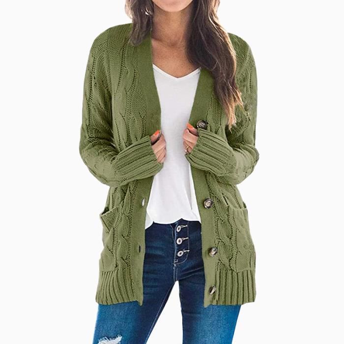 Femme Cardigan Ouver boutonné Gilets Manches Longues Cardigan Les Poches Veste Long Tricoté Pull Manteau Vert