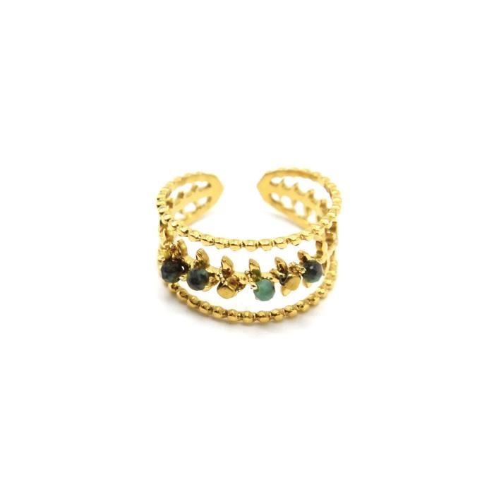 BG1852 - Bague 3 Rangs avec Epi de Blé Acier Doré et Pierres Vertes