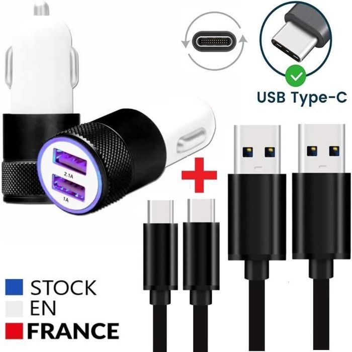 Pack Chargeur + 2 Câbles Type C pour Blackview A80 Plus Chargeur ultra-puissant et rapide 2X USB 5V - 2,1A + Câble 1 Mètre - NOIR.